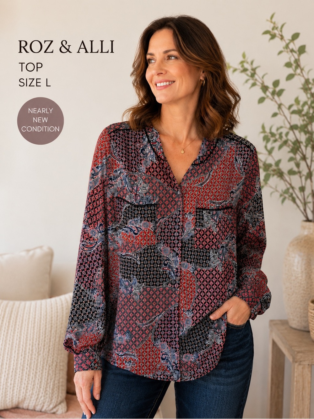 Roz & Alli Paisley Patchwork Blouse Top Size Large Boho Chic